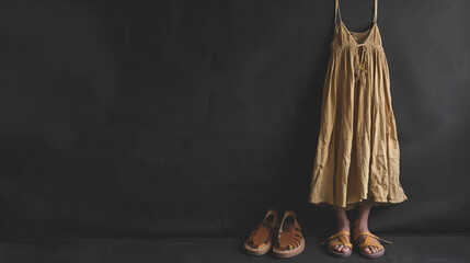 Bohemian Style Yellow Dress and Brown Leather Sandals Against Dark Background