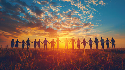 Silhouetted Group Holding Hands in Sunset Field under Blue Orange Sky