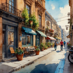 Obraz premium Charming European Street Scene with Outdoor Cafe and Architecture
