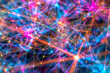 A surreal array of interconnected digital strands, each pulsing with vivid colors, symbolizing network traffic.