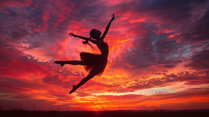 Silhouette of Woman Dancing at Sunset Red Sky Freedom Expression