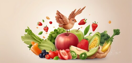 isolated on soft background with copy space Flying Bird and Fruits concept, illustration