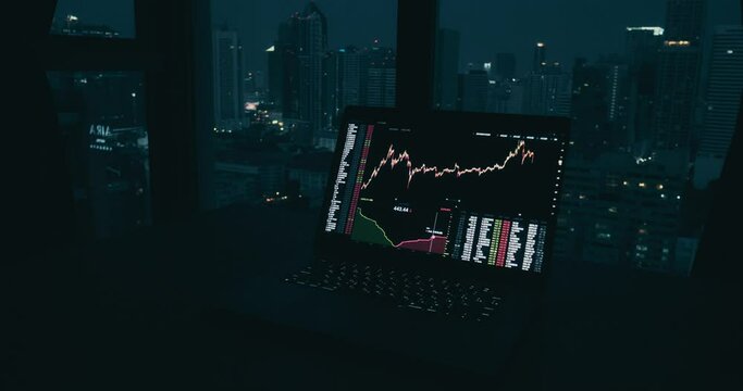 Night hours computer screen graph dynamic movements cryptocurrencies trading. Evening tile laptop screen trading investors buying selling digital assets market trends potential profits trading.