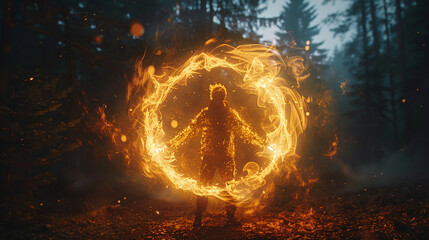 Person encircled by fiery sparks in a misty forest twilight displaying dynamic energy and mysterious ambiance