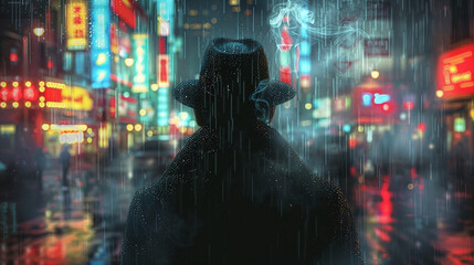 Man in Black Hat Smoking in Rainy Neon Lit City Street at Night with Reflections