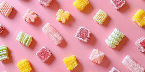 Assortment of of Colorful sweet candy. Different types of sweets background.