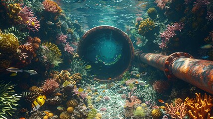 an environment with an underwater pipe installed amidst vibrant coral reefs and diverse marine life coexisting harmoniously