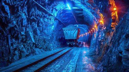 TTrain coming out of a tunnel. The tunnel is lit up with blue lights.