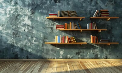 There are three wooden shelves on a blue concrete wall in the photo