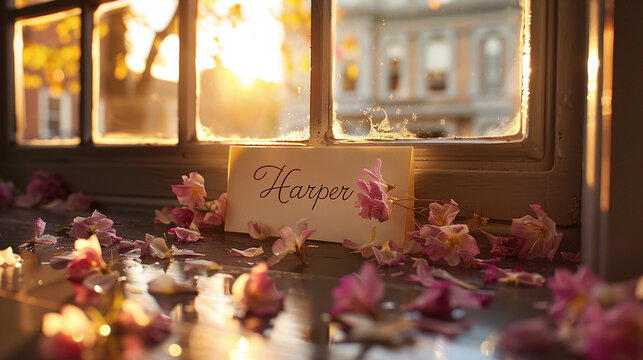 Golden Sunset Light Through Window with Harper Name Card and Pink Petals on Wooden Surface