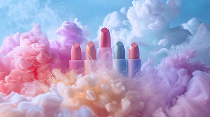 Array of Lipsticks Amidst Dreamy Blue and Pink Smoke Clouds Representing Fantasy and Beauty