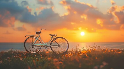 Fototapeta premium bicycle, sunset horizon, with copy space. world bicycle day background concept