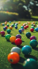 Colorful billiards on green grass with sunlight in the background.