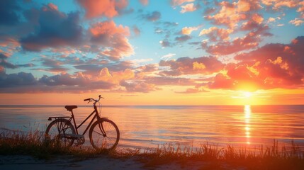 Fototapeta premium bicycle, sunset horizon, with copy space. world bicycle day background concept