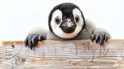 Fototapeta premium Young Emperor Penguin Chick Peeking Over Wooden Ledge on White Background