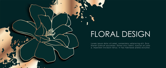 Luxury dark green floral vector design with gold flower outline and gold splashes or blots.