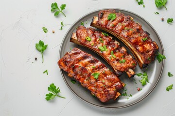 Tender pork ribs glazed with BBQ sauce, garnished with fresh rosemary