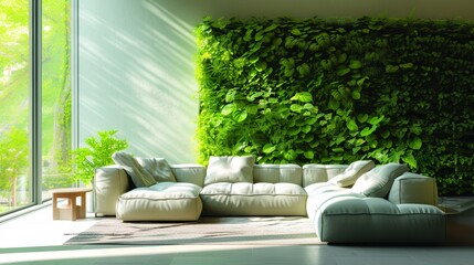This image presents a luxurious living room with plush seating and an expansive green wall, blending comfort with a touch of nature's vitality..