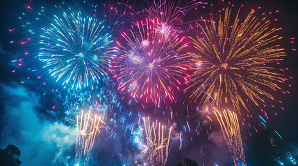 Vibrant Blue Pink and Gold Fireworks Display Lighting Up Night Sky