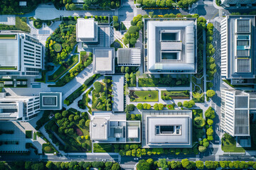 Aerial view of modern science park with beautiful green spaces