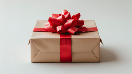 Obraz premium Elegant Beige Gift Box with Red Ribbon Bow on Light Gray Background