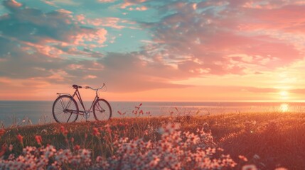 Fototapeta premium bicycle, sunset horizon, with copy space. world bicycle day background concept