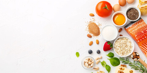 Foods rich in protein on a white background. Top view.