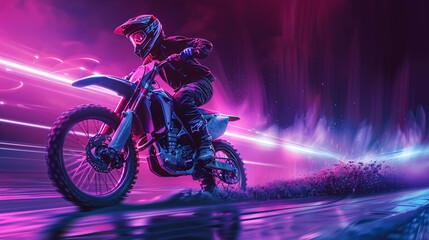 Motocross Rider Speeding on Dirt Bike in Dynamic Pink Neon Light Trails