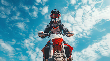 Motocross Rider in Gear Riding Red Dirt Bike Under Clear Blue Sky