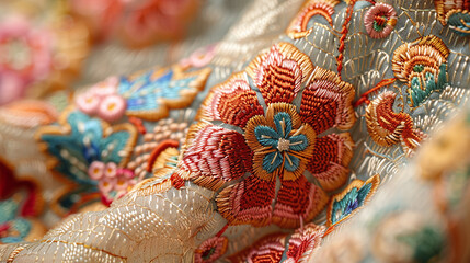 Detailed Embroidered Textile with Floral Patterns in Red Orange and Blue on Beige Fabric