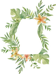 Naklejka premium Vector Watercolor wave tropical frame with flowers and leaves. Template space for text. Greeting cards, invitation, gender party, baby shower, birthday, event, holiday, wedding card, printable, png.
