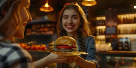 A woman giving a hamburger to other one with  a beautiful smile
