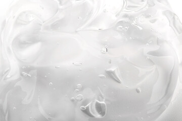 Clear gel serum texture. Liquid skincare cream background. Cosmetic gel product with bubbles close up