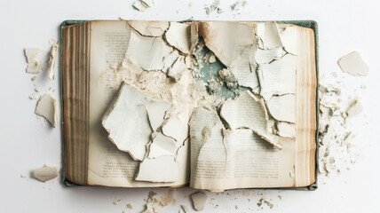 A severely damaged book with pages that are crumbling and broken into pieces, lying open on a white surface. The book appears aged and decayed, with fragments scattered around it.