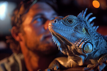 Fototapeta premium Man and his pet lizard watching television together, a unique duo in a home setting.. AI generated.