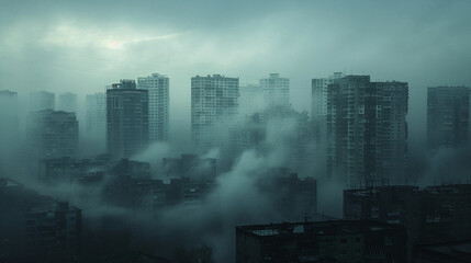 Misty Cityscape Early Morning Light Over Urban Highrises Blue Moody Sky