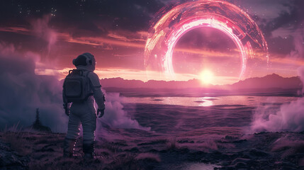 Astronaut gazes at a cosmic portal over a misty landscape at sunset