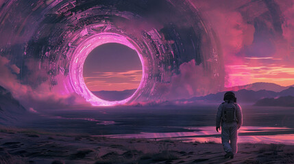 Astronaut approaching a mystical portal in a surreal landscape