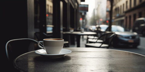 Cup of coffee on a table in a cafe or coffee shop on a city street, vintage tone, copy space