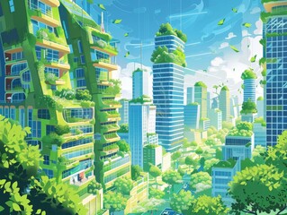 Lush Urban Forest: Eco-Skyscrapers Blend with Nature in City Core