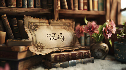 Vintage Lily Name Sign on Antique Paper with Old Books and Pink Flowers in Library Setting