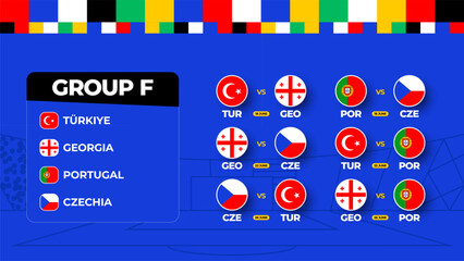 Group F Football cup 2024 matches. national team Schedule match in the final stage at the 2024 Football Championship. Vector illustration of world soccer matches.