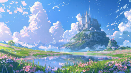 Beautiful fantasy castle on a mountain by a serene lake