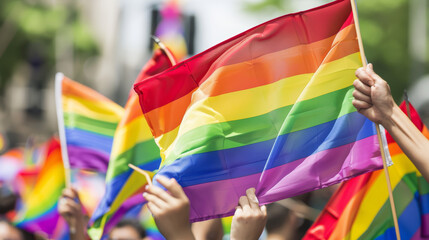 Gay pride, LGBTQ rainbow flags being waved in the air at a pride event Stock Photo photography