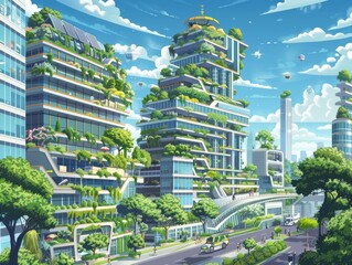 Futuristic Green Cityscape: Eco-Skyscrapers with Integrated Gardens