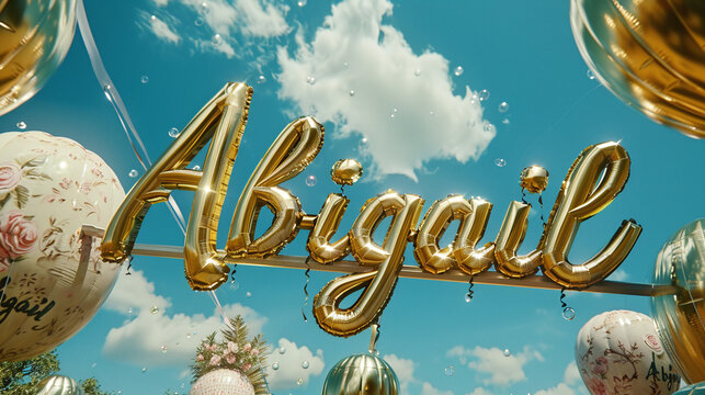 Golden Abigail Balloon Letters Floating Under Blue Sky with Decorative Balloons and Clouds