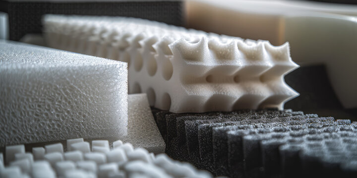 Assortment of samples of foam padding for car seats. Different types of pieces of foam rubber, background.