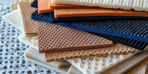 Assortment of samples of foam padding for car seats. Different types of pieces of foam rubber, background.