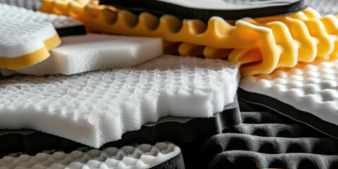 Assortment of samples of foam padding for car seats. Different types of pieces of foam rubber, background.