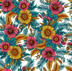 Seamless pattern with hand drawn flowers. Floral background.
